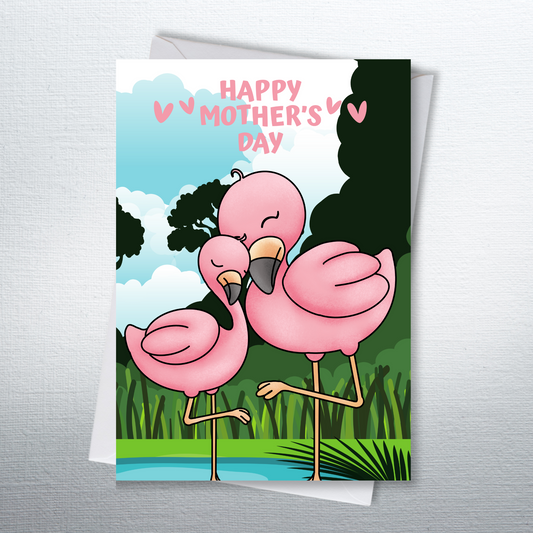 Mother's Day Pink Flamingo and Kid Greeting Card