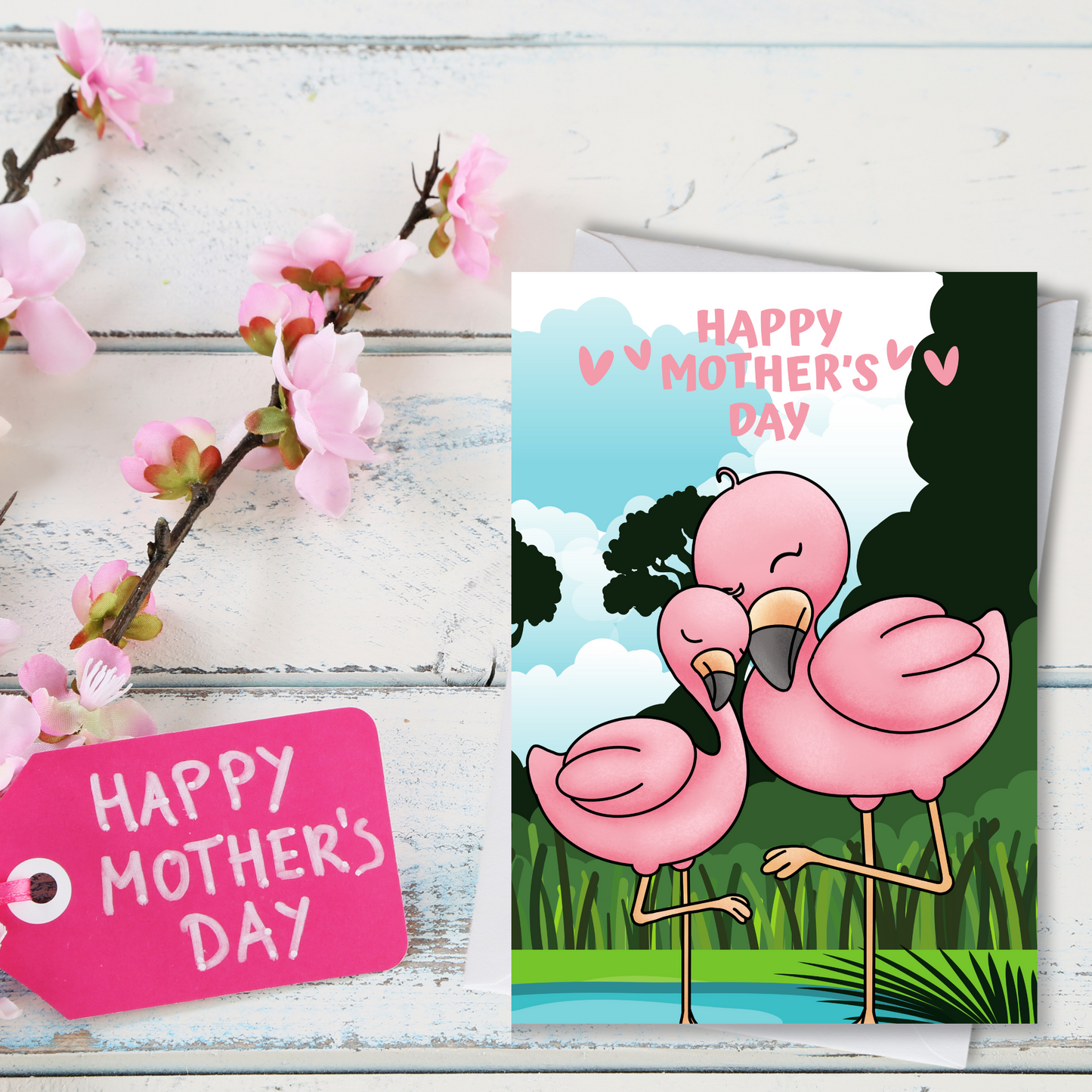 Mother's Day Pink Flamingo and Kid Greeting Card