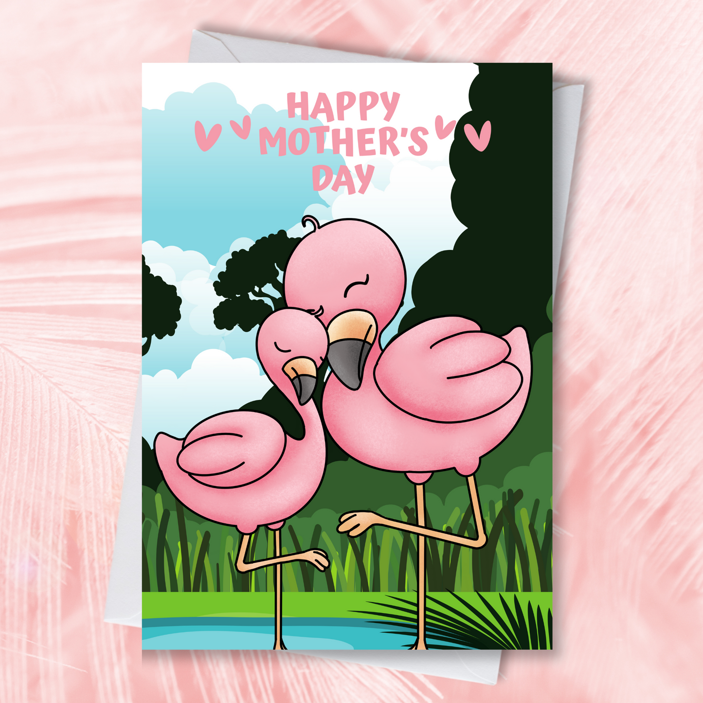 Mother's Day Pink Flamingo and Kid Greeting Card