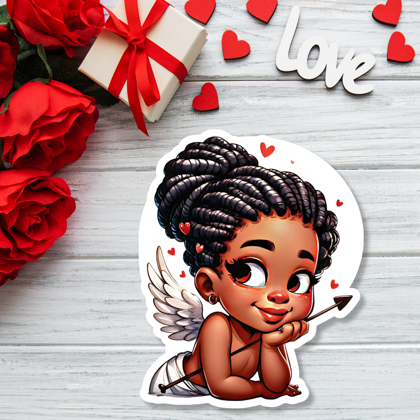 Girl Cupid Love Valentine African American Laminated Die-Cut Sticker or Magnet