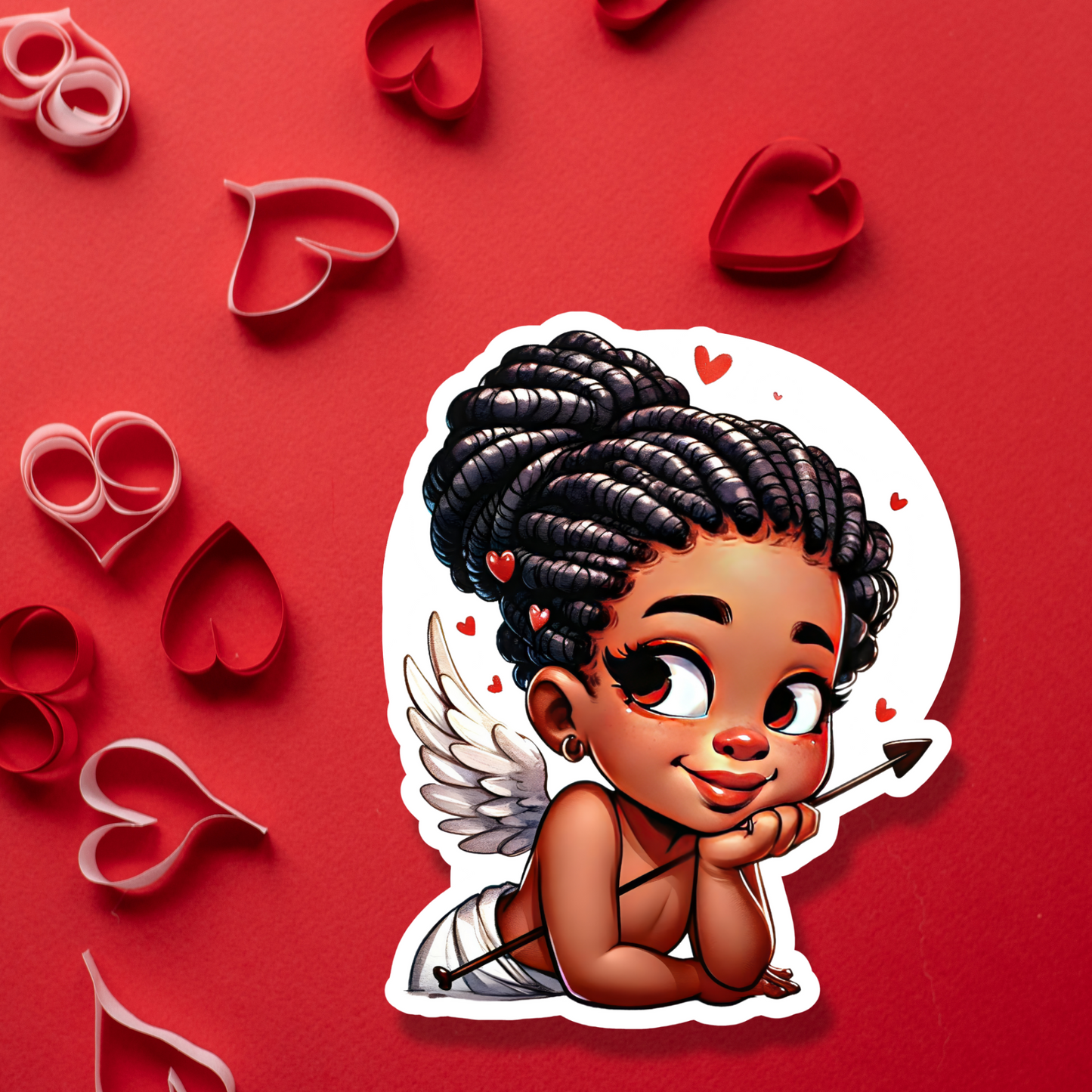 Girl Cupid Love Valentine African American Laminated Die-Cut Sticker or Magnet