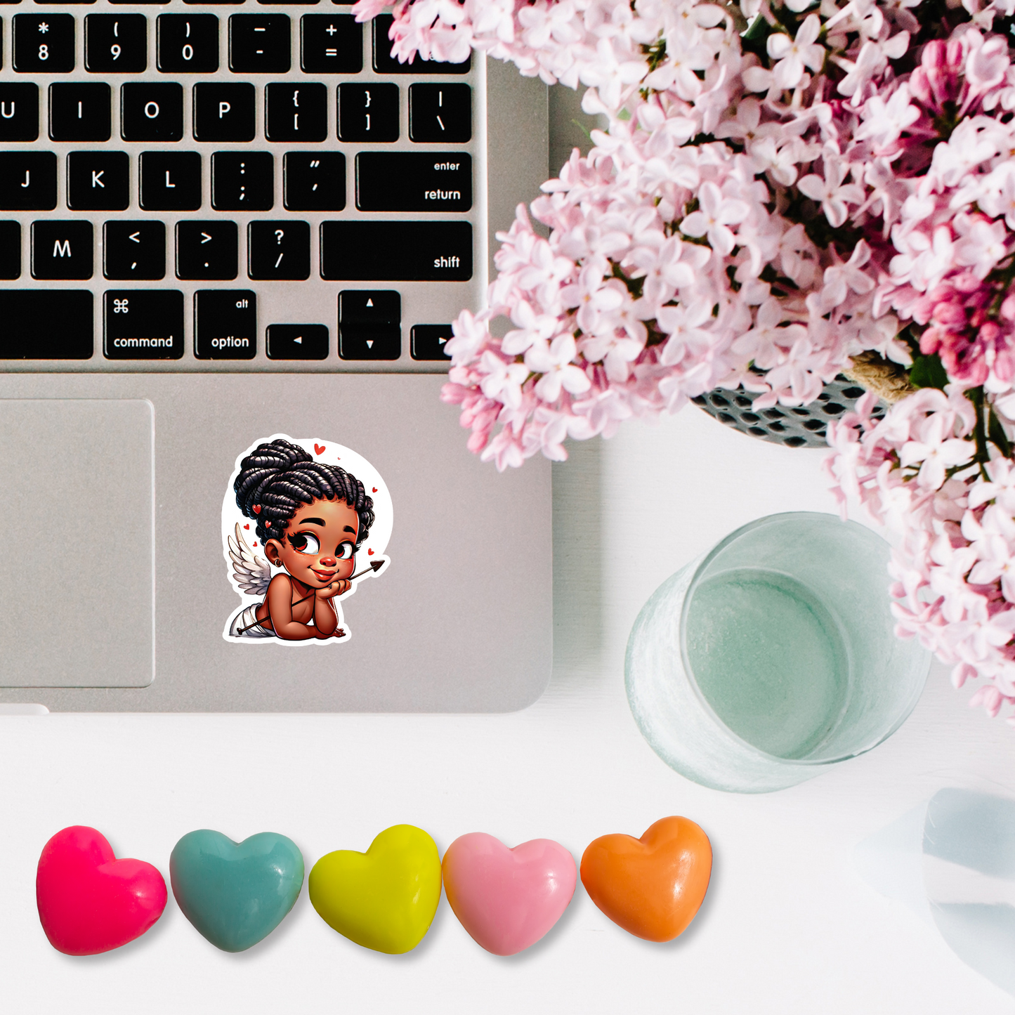 Girl Cupid Love Valentine African American Laminated Die-Cut Sticker or Magnet