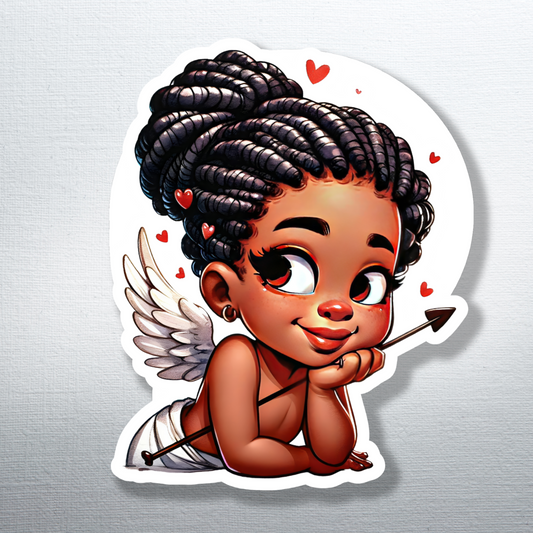 Girl Cupid Love Valentine African American Laminated Die-Cut Sticker or Magnet